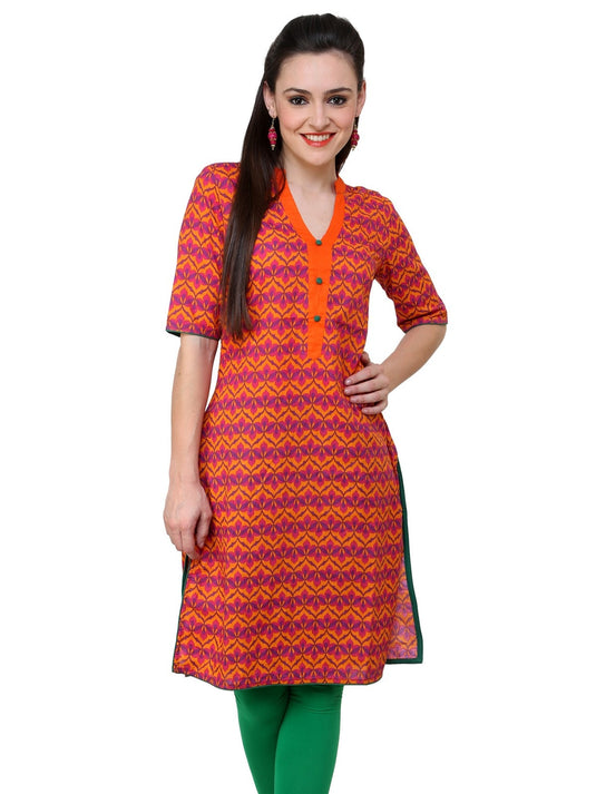 Pannkh Women's Orange Allover Piping Detail Kurti