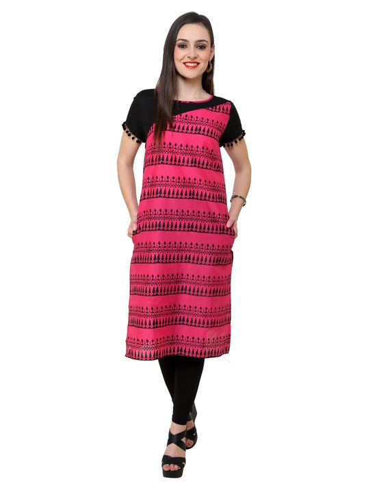 Pannkh Women's Pink Border Print Lace Kurti