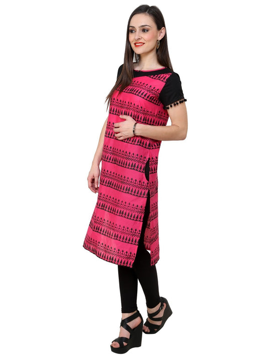 Pannkh Women's Pink Border Print Lace Kurti