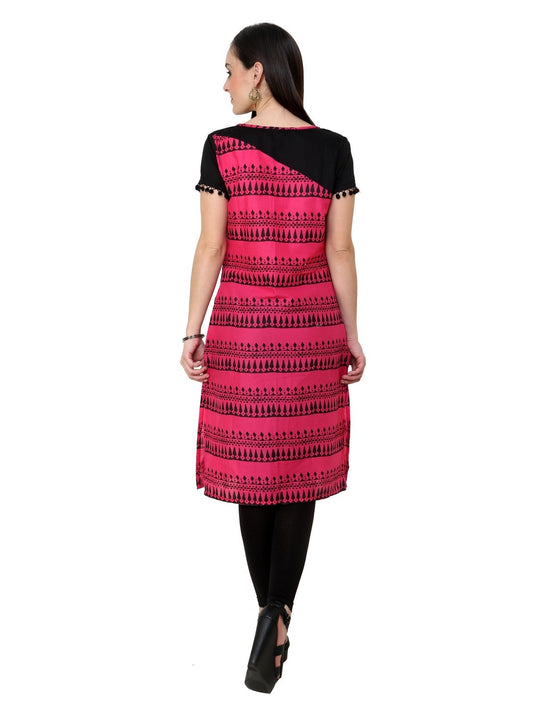 Pannkh Women's Pink Border Print Lace Kurti