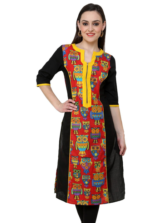 Pannkh Women's Red Owl Print Zipper Kurti