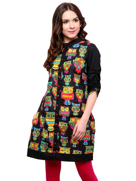 Pannkh Women's Black Owl Reversible Buttoned Kurti