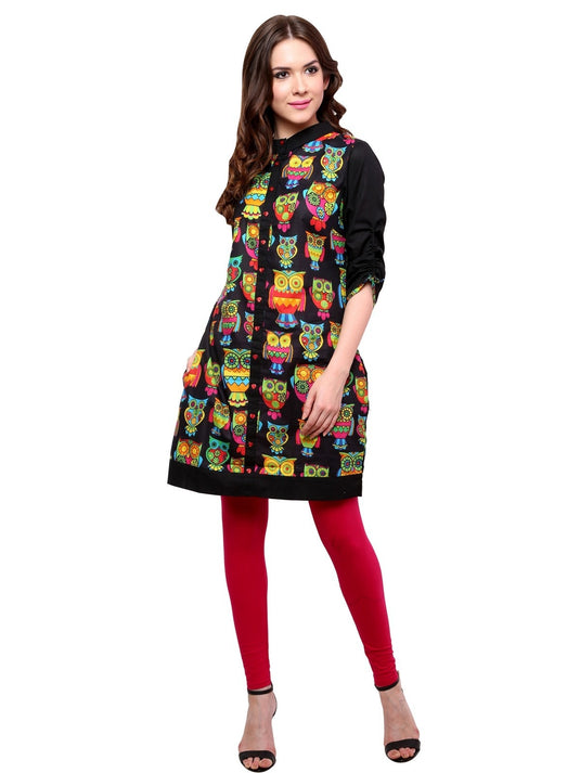 Pannkh Women's Black Owl Reversible Buttoned Kurti