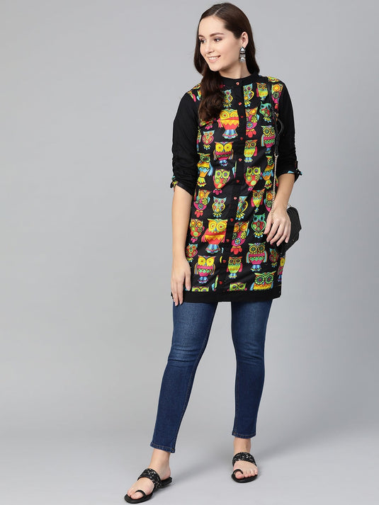 Black Owl Reversible Buttoned Kurti