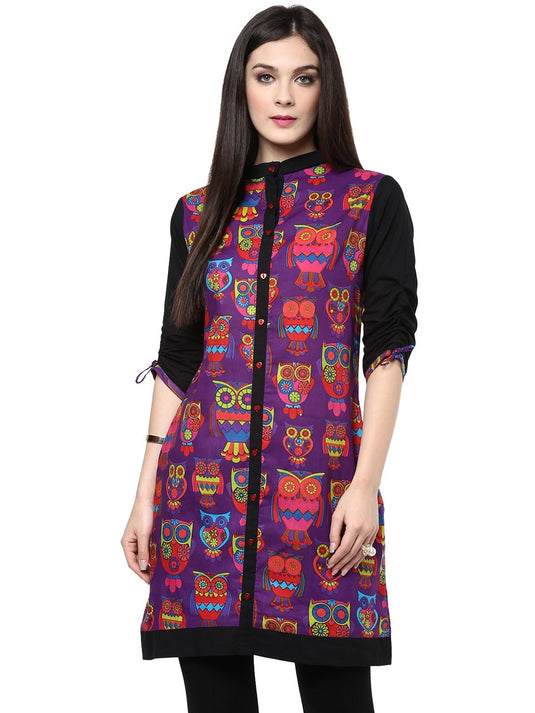 Pannkh Women's Purple Owl Reversible Buttoned Kurti