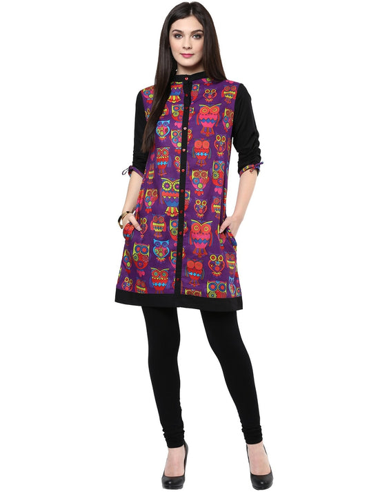 Pannkh Women's Purple Owl Reversible Buttoned Kurti