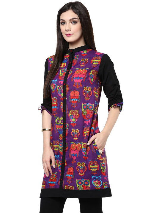 Pannkh Women's Purple Owl Reversible Buttoned Kurti