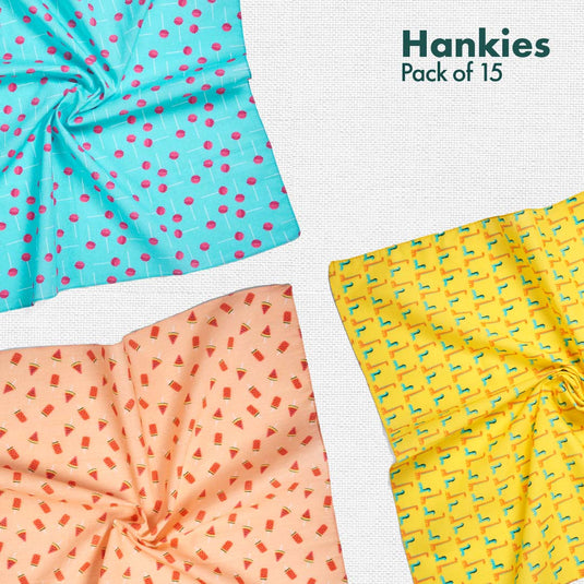 Beach Please! + Child-unlock! + Animalholic! + Foodgasm Series 1! + Series 2! Unisex Hankies, 100% Organic Cotton, Pack of 15