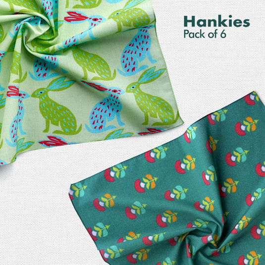 TKO! Tribal Knockout! + F&F! Flora & Fauna! Unisex Hankies, 100% Organic Cotton, Pack of 6