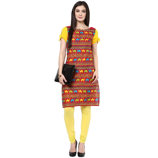 Pannkh Women's Camel Knotted Sleeve Kurti