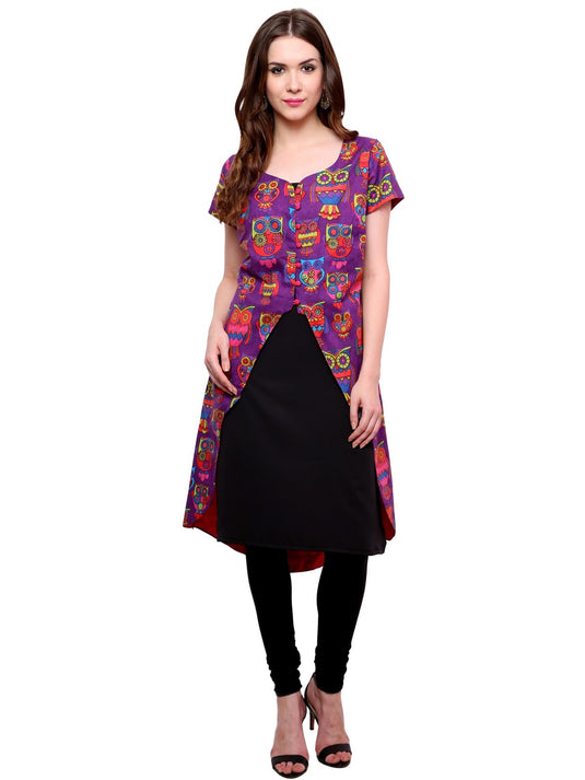 Pannkh Women's Owl Print Asymmetric Jacket Kurti