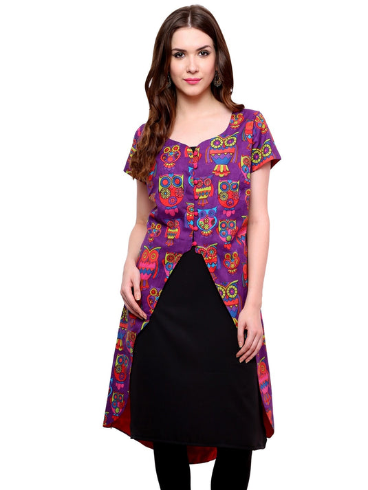 Pannkh Women's Owl Print Asymmetric Jacket Kurti