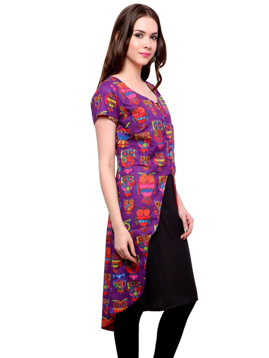 Pannkh Women's Owl Print Asymmetric Jacket Kurti