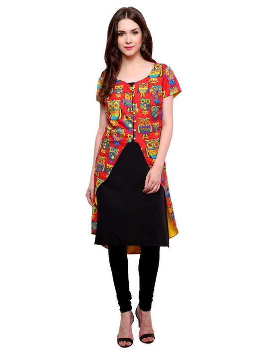 Pannkh Women's Owl Print Asymmetric Jacket Kurti