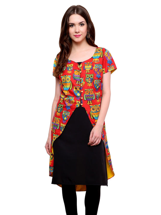 Pannkh Women's Owl Print Asymmetric Jacket Kurti