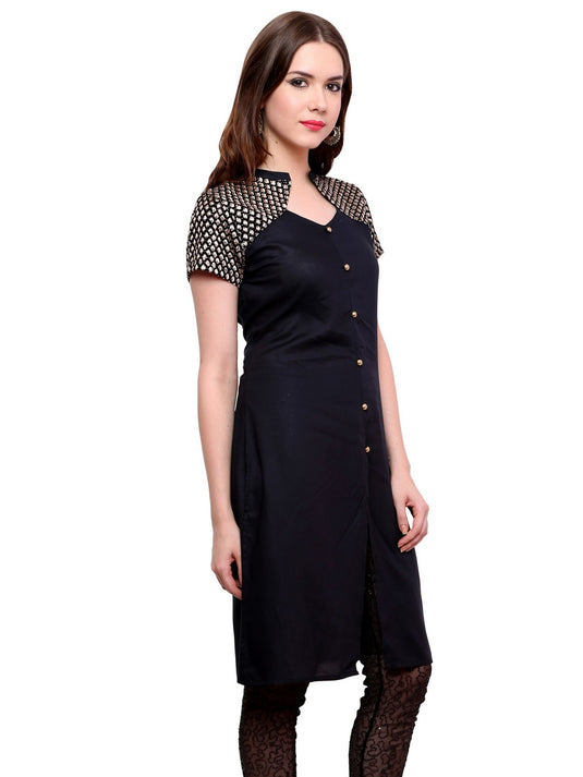 Pannkh Women's Buttoned Brocade Shoulder Yoke Kurti