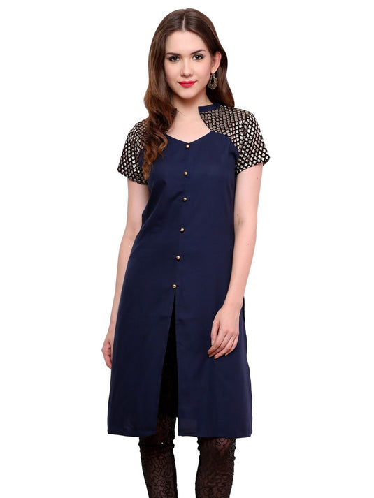 Pannkh Women's Buttoned Brocade Shoulder Yoke Kurti