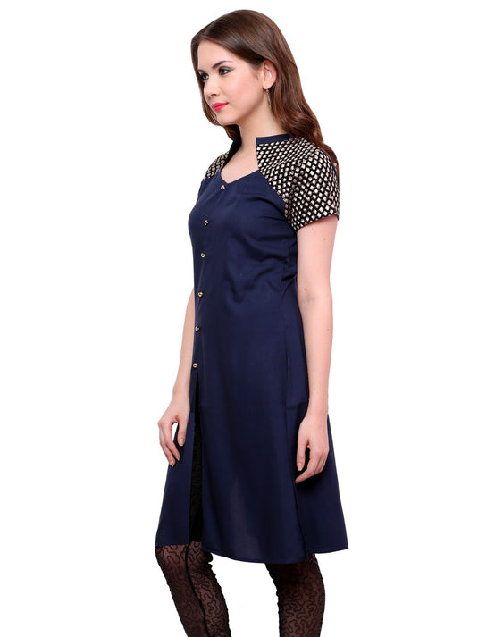 Pannkh Women's Buttoned Brocade Shoulder Yoke Kurti