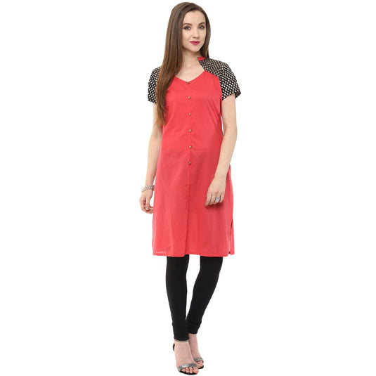 Pannkh Women's Buttoned Brocade Shoulder Yoke Kurti