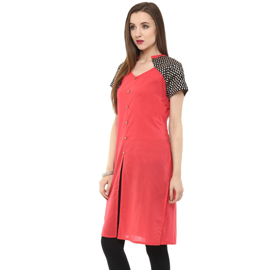 Pannkh Women's Buttoned Brocade Shoulder Yoke Kurti