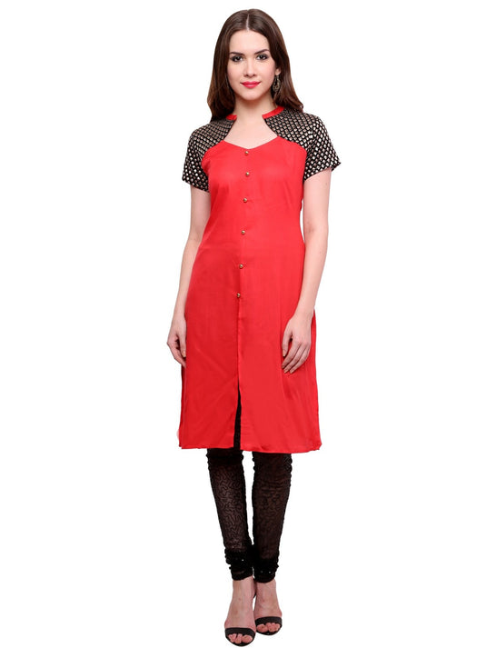 Pannkh Women's Buttoned Brocade Shoulder Yoke Kurti