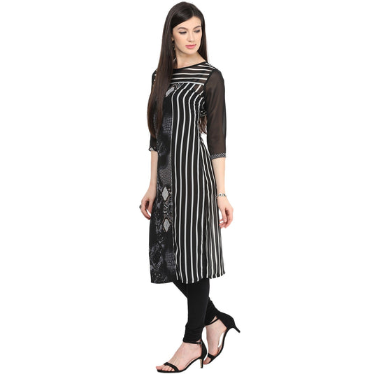 Pannkh Women's Print & Stripe Mix Kurti