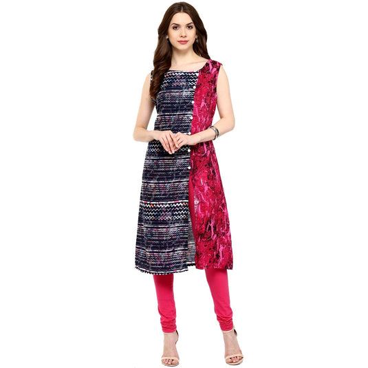 Pannkh Women's Navy zig-zag Print Kurti