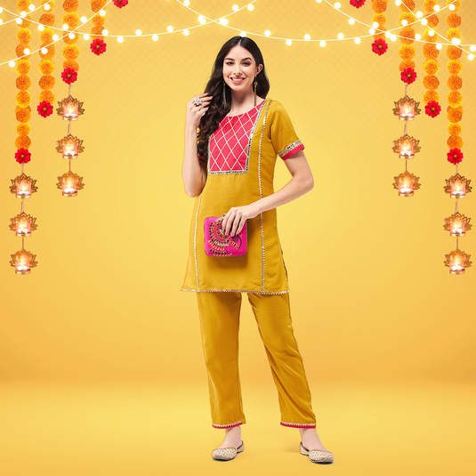 Festive Solid Yoke Short Kurti With Matching Pant Set