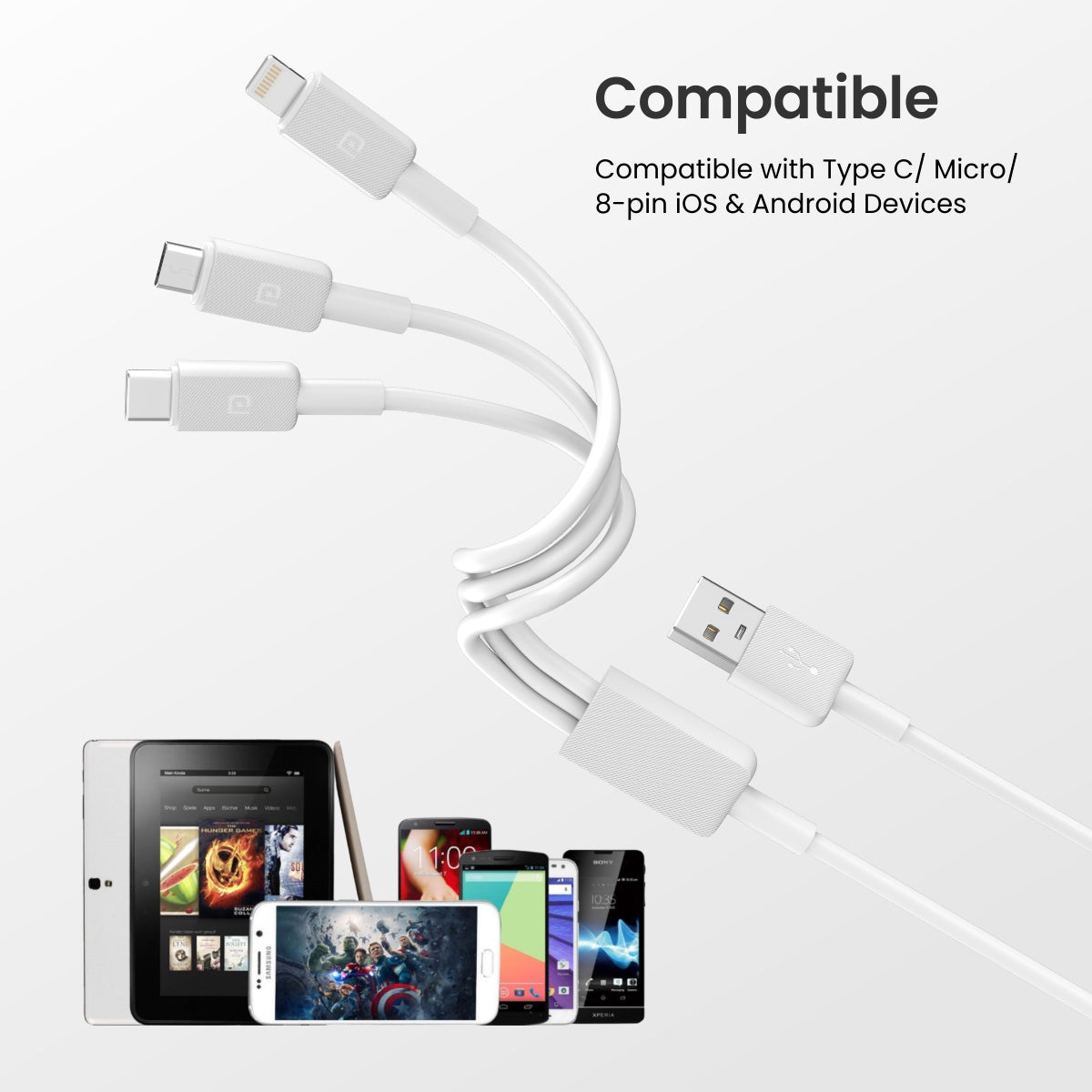 White Portronics Konnect Link 3. Connect Lightning, Micro USB, and Type-C devices with this compact, tangle-free 3-in-1 cable. 