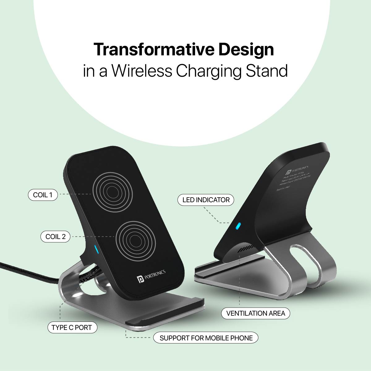 Portronics freedom 15 plus Black wireless charging pad with double coil| wireless charging stand at affordable rate