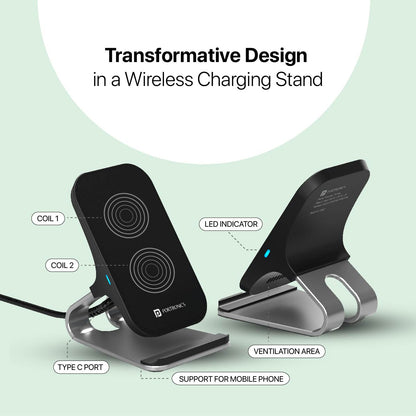 Portronics freedom 15 plus Black wireless charging pad with double coil| wireless charging stand at affordable rate