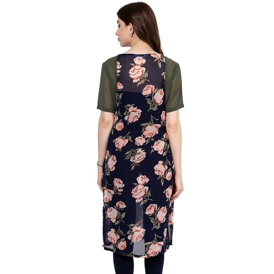 Pannkh Women's Navy Roses Print Kurti