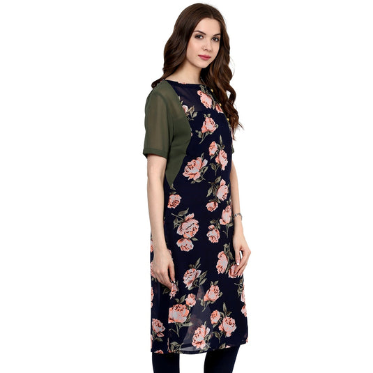 Pannkh Women's Navy Roses Print Kurti