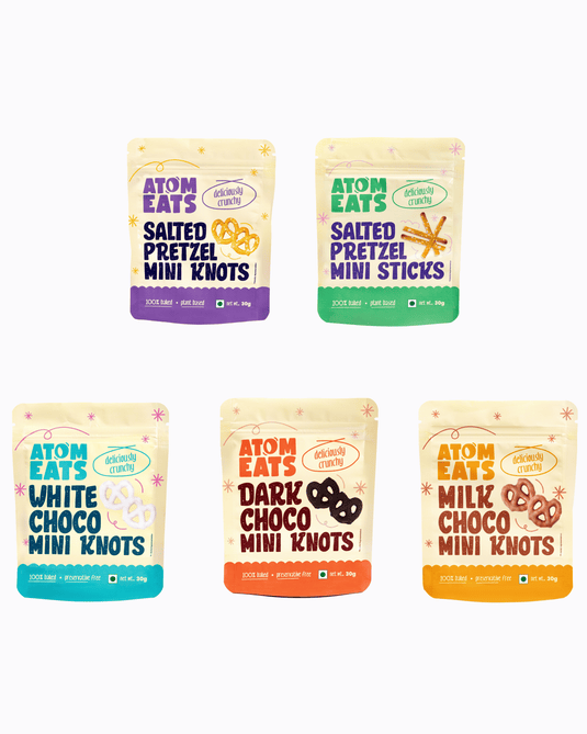 Atom Eats | Pretzel Variety Pack, Pack of 5, Salted Pretzels Knots and Sticks, Dark, Milk and White Choco Pretzels, 30 g each