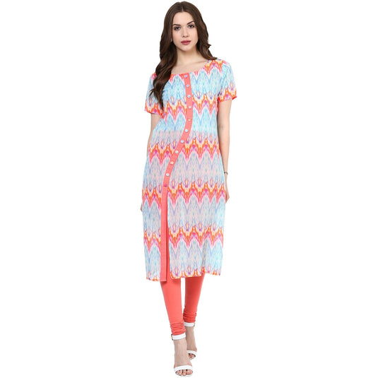 Pannkh Women's Neon Printed Curved Placket Kurti