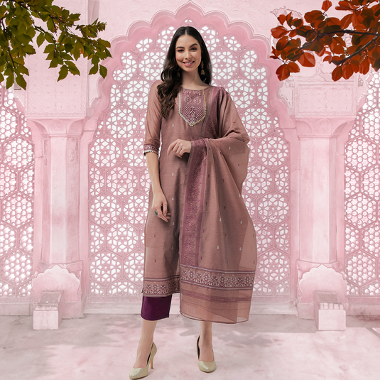 Festive Jacquard Neck Patch Kurta With Dupatta And Matching Pants