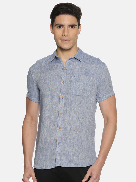 Men Navy Blue Hemp Casual Half Sleeve Shirt