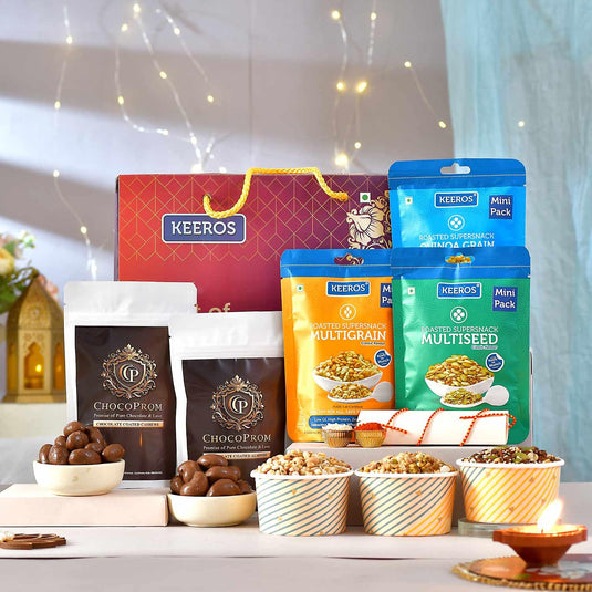 Keeros Bhaidooj Gift Hamper for Brother with Chocolate-Coated Almonds & Cashews, Tasty & Crunchy Supersnacks| Nutritious Superfoods in a Bhaidooj Gift Hamper | Ideal for Healthy Gifting