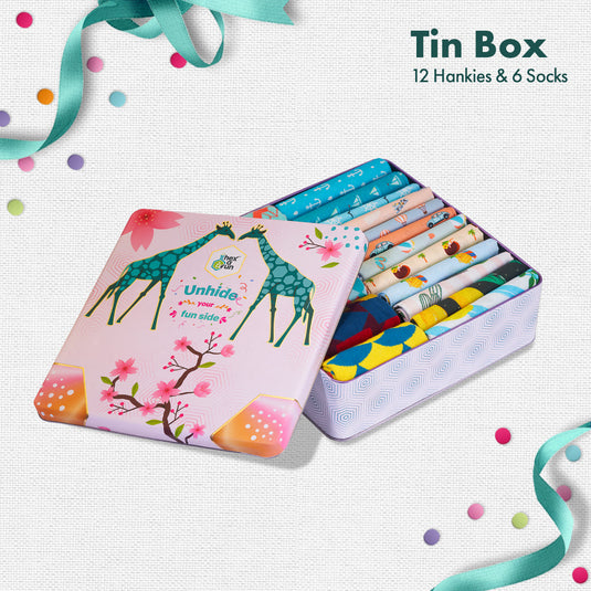 GMT! Giraffe Mood Time! Tin Gift Box, 12 Men's Hankies + 6 Unisex Crew Length Socks, 100% Organic Cotton, Box of 18