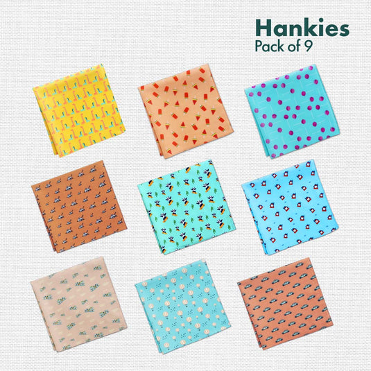 Animalholic! + Child-unlock! + Travelicious! Unisex Hankies, 100% Organic Cotton, Pack of 9