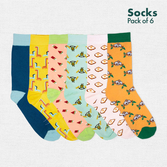 Foodgasm Series 1! + Animalholic Series 1! Unisex Socks, 100% Organic Cotton, Crew Length, Pack of 6