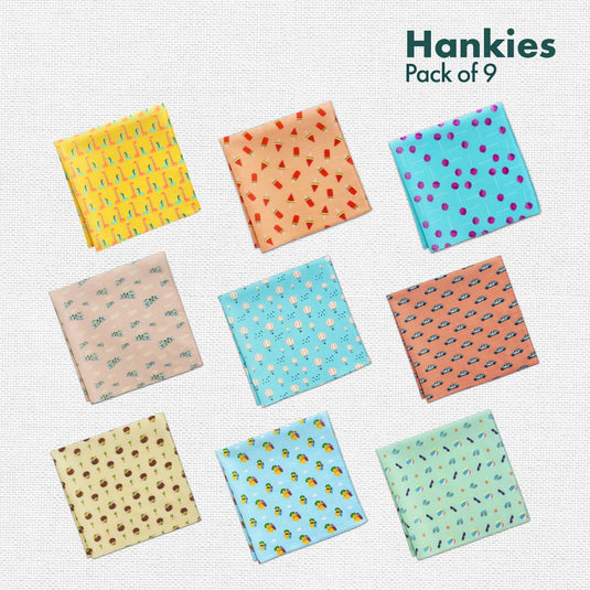 Beach Please! + Child-unlock! + Travelicious! Unisex Hankies, 100% Organic Cotton, Pack of 9