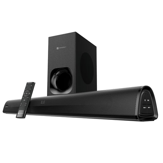 Black Portronics pure sound 105 200w wired soundbar with subwoofer