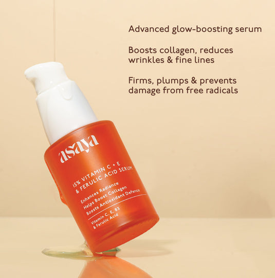 Advanced glow boosting serum by Asaya that boosts collagen, reduces wrinkles & fine lines. Suitable for all skin types