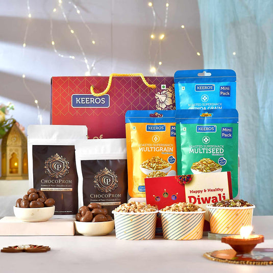 Keeros Diwali Gift Hamper with Chocolate-Coated Almonds & Cashews, Tasty & Crunchy Supersnacks| Nutritious Superfoods in a Diwali Gift Hamper | Ideal for Healthy Snacking