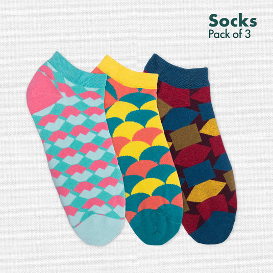 Geometri-fication Series 1! Unisex Socks, 100% Organic Cotton, Ankle Length, Pack of 3