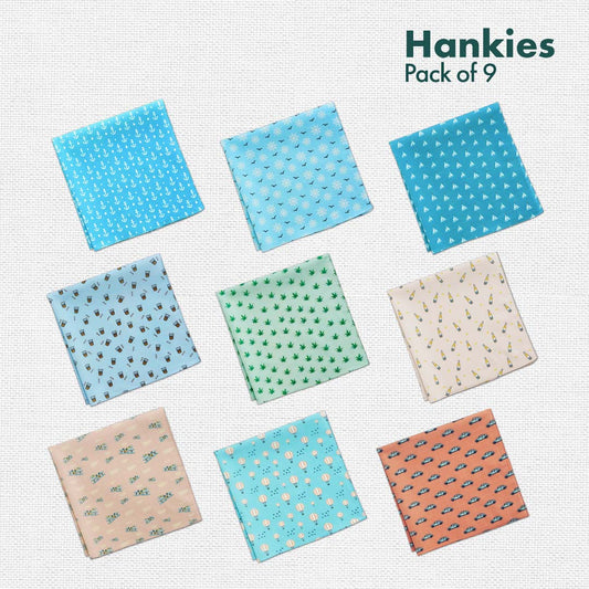 Travelicious! + Happy High! + Now You Sea Me! Men's Hankies, 100% Organic Cotton, Pack of 9