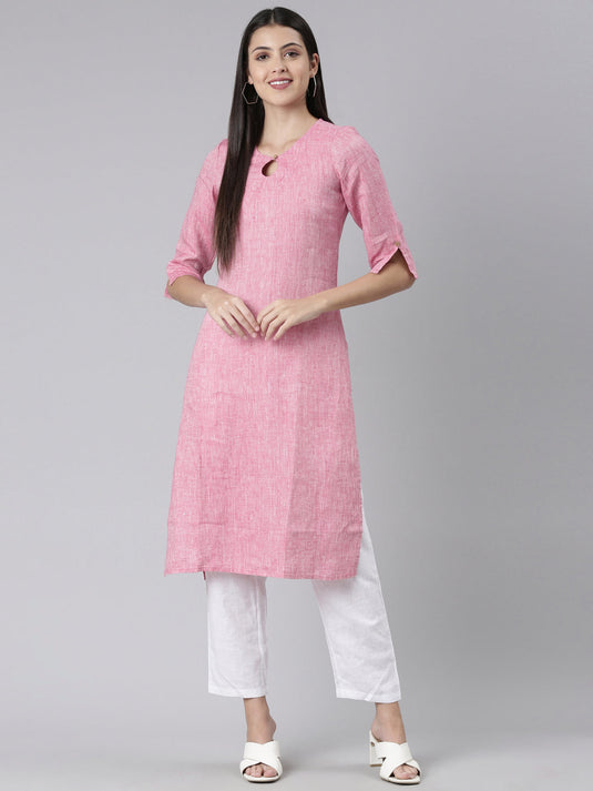 Women Solid Rani Pink and White Kurta Set