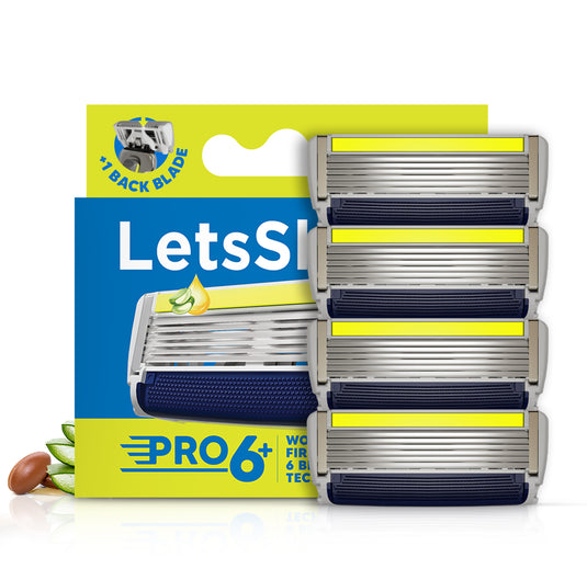 LetsShave Pro 6 Plus Face & Head Shaving Razor Blade Refills/Cartridges for Men | World's First 6-Blade Razor with Precision Edge | Argan Oil & Aloe Vera Infused Moisture Bar | Sold in 130 Countries – Pack of 4