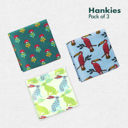 F&F! Flora & Fauna! Unisex Hankies, 100% Organic Cotton, Pack of 3